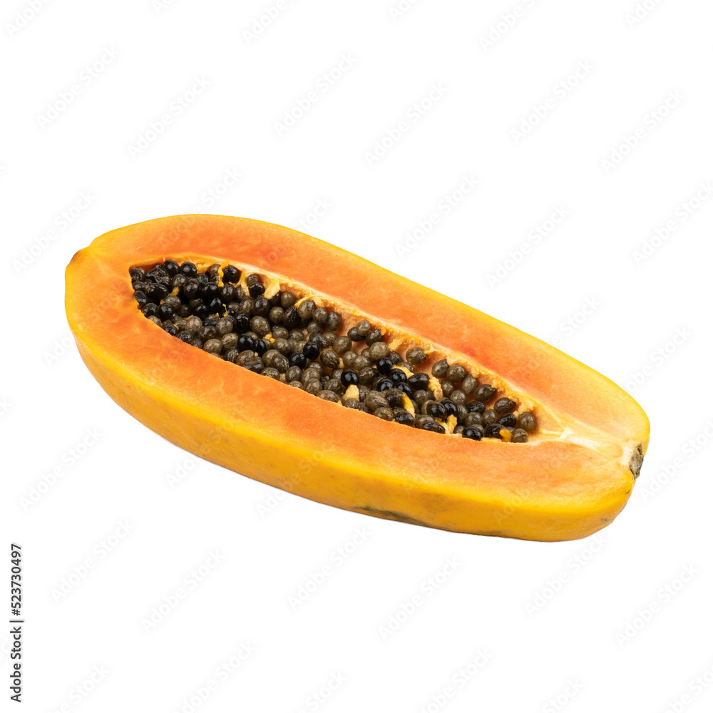 Ripe fresh sweet papaya and half cut with seed (Carica papaya L.) isolated on white background.Healthy fruits to the digestive system. Ripe fresh sweet papaya and half cut with seed (Carica papaya L.) isolated on white background.Healthy fruits to the digestive system.