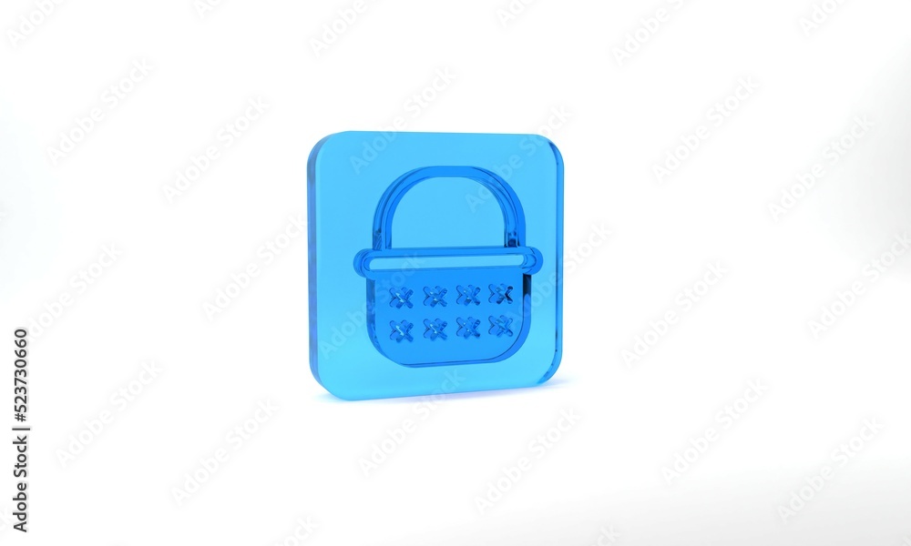 Blue Wicker basket icon isolated on grey background. Glass square button. 3d illustration 3D render Blue Wicker basket icon isolated on grey background. Glass square button. 3d illustration 3D render