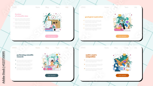 Geochemist web banner or landing page set. Scientist study structure