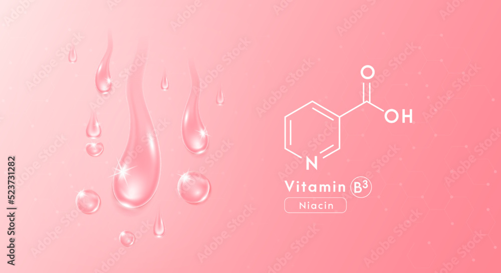 Drop water vitamin B3 pink and structure. Collagen oil solution. Serum vitamin complex. Beauty treatment nutrition skin care design. Medical and scientific concepts. 3D Realistic Vector EPS10.