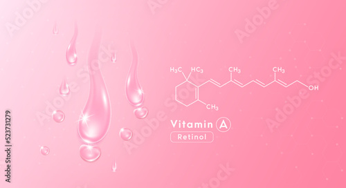 Drop water vitamin A pink and structure. Collagen oil solution. Serum vitamin complex. Beauty treatment nutrition skin care design. Medical and scientific concepts. 3D Realistic Vector EPS10.