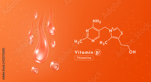 Drop water vitamin B1 orange and structure. Collagen oil solution. Serum vitamin complex. Beauty treatment nutrition skin care design. Medical and scientific concepts. 3D Realistic Vector EPS10.