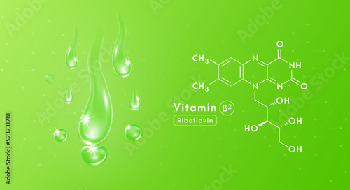 Drop water vitamin B2 green and structure. Collagen oil solution. Serum vitamin complex. Beauty treatment nutrition skin care design. Medical and scientific concepts. 3D Realistic Vector EPS10.