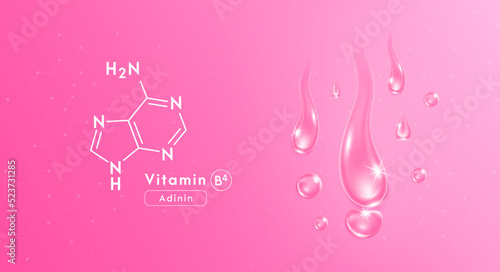 Drop water vitamin B4 pink and structure. Collagen oil solution. Serum vitamin complex. Beauty treatment nutrition skin care design. Medical and scientific concepts. 3D Realistic Vector EPS10.