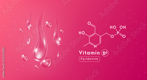 Drop water vitamin B6 purple and structure. Collagen oil solution. Serum vitamin complex. Beauty treatment nutrition skin care design. Medical and scientific concepts. 3D Realistic Vector EPS10.