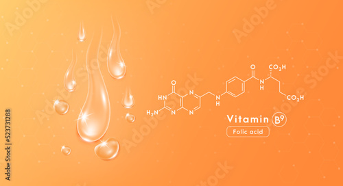 Drop water vitamin B9 orange and structure. Collagen oil solution. Serum vitamin complex. Beauty treatment nutrition skin care design. Medical and scientific concepts. 3D Realistic Vector EPS10.