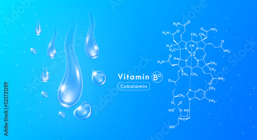 Drop water vitamin B12 blue and structure. Collagen oil solution. Serum vitamin complex. Beauty treatment nutrition skin care design. Medical and scientific concepts. 3D Realistic Vector EPS10.