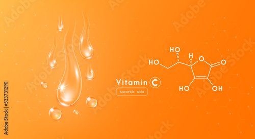 Drop water vitamin C orange and structure. Collagen oil solution. Serum vitamin complex. Beauty treatment nutrition skin care design. Medical and scientific concepts. 3D Realistic Vector EPS10.