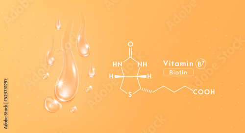 Drop water vitamin B7 orange and structure. Collagen oil solution. Serum vitamin complex. Beauty treatment nutrition skin care design. Medical and scientific concepts. 3D Realistic Vector EPS10.
