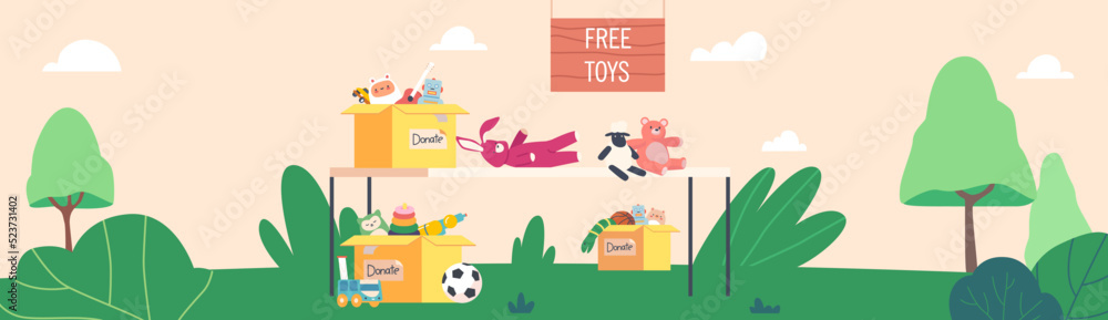 Obraz premium Volunteering, Donation, Humanitarian Aid Concept. Boxes with Donated Playthings on Table, Charity Organization