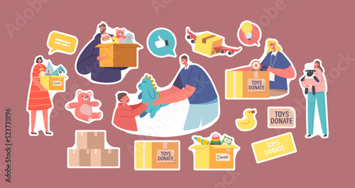 Set of Stickers Altruistic Help to Poor Kids, Volunteers Giving Toys to Kids from Donation Box with Goods for Children