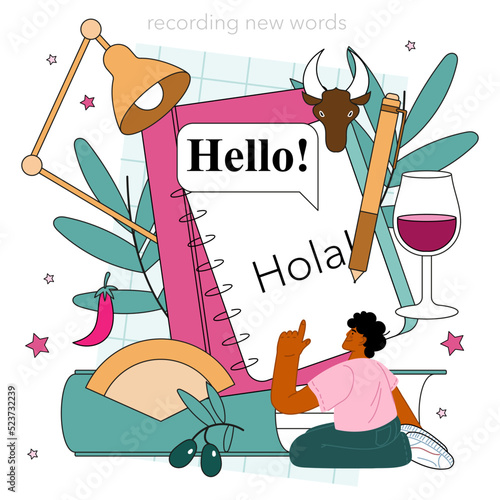 Spanish language concept. Language school spanish listening, reading