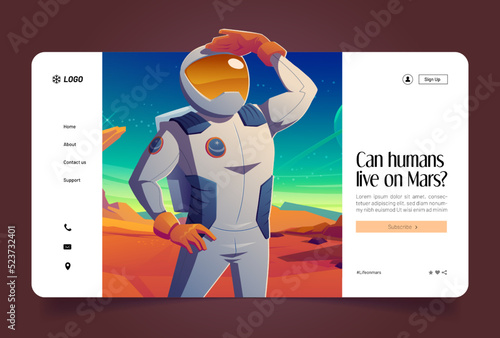 Mars colonization, space explore mission cartoon landing page. Astronaut looking far on alien planet. Cosmonaut in suit on extraterrestrial landscape, humans investigate galaxy. Vector web banner