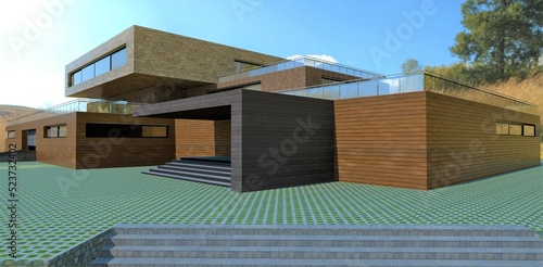 Experiments with wooden exterior. Facing of walls a multi-colored front board. Entrance to the building, porch with a canopy. Above is a glass enclosed terrace. 3d render.