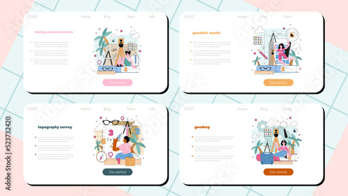 Surveyor web banner or landing page set. Land surveying technology