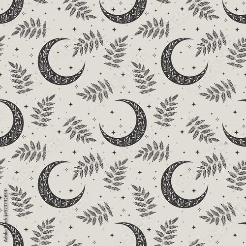Black and white boho seamless pattern with crescent, stars and fern. Bohemian modern background. Celestial wrapping paper.