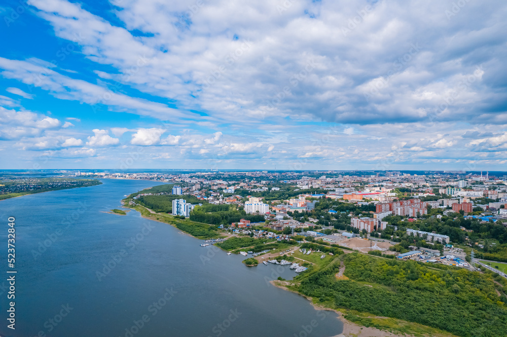 Tomsk cityscape Siberia, Russia. Tom river Drone aerial top view