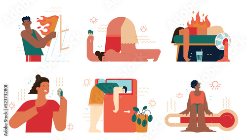 Heat wave set. Characters suffering from heat. Global warming