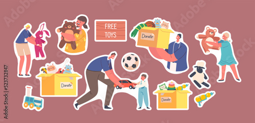 Set of Stickers Volunteers Giving Toys to Orphan Kids from Donation Box with Goods for Children. Altruistic Help to Kids