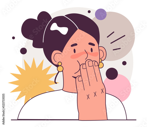 Belching and nausea. Character covers with a hand their open mouth,