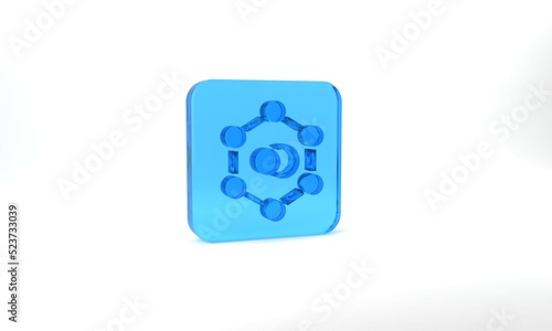 Blue Molecule icon isolated on grey background. Structure of molecules in chemistry, science teachers innovative educational poster. Glass square button. 3d illustration 3D render