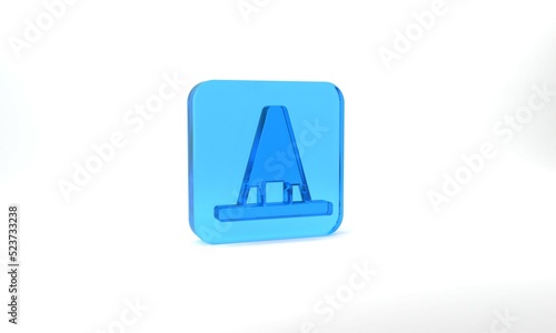 Blue Witch hat icon isolated on grey background. Happy Halloween party. Glass square button. 3d illustration 3D render