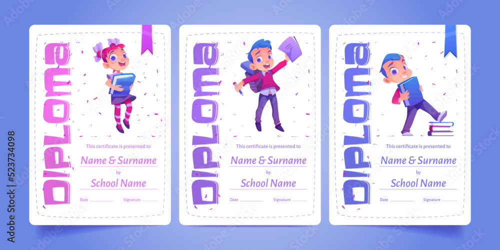 Kids diploma, educational school certificate with cute children students with textbooks and backpacks. Winner award or graduation frame, achievement trophy or gift cartoon template Vector illustration Kids diploma, educational school certificate with cute children students with textbooks and backpacks. Winner award or graduation frame, achievement trophy or gift cartoon template Vector illustration