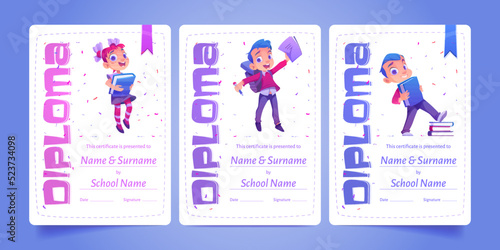 Kids diploma, educational school certificate with cute children students with textbooks and backpacks. Winner award or graduation frame, achievement trophy or gift cartoon template Vector illustration