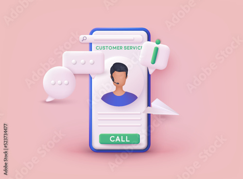 Call center, online customer support. Contact Us Customer Service For Personal Assistant Service, Person Advisor and Social Media Network. 3D Web Vector Illustrations. photo