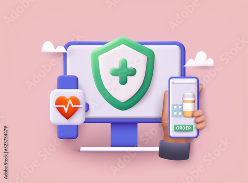 Fitness bracelet icon with cardiogram on display, ordering medicines online concept. Digital health care.  3D Web Vector Illustrations.