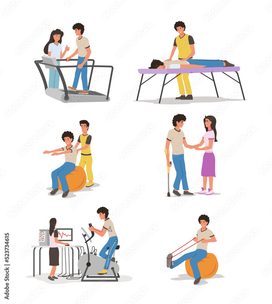 Medical rehabilitation set isometric vector patient treatment physical injury disability Medical rehabilitation set isometric vector patient treatment physical injury disability