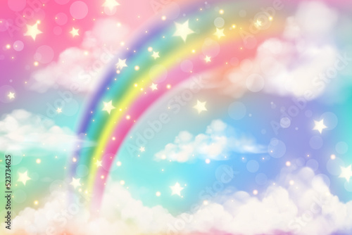 Abstract rainbow background with clouds and stars on sky. Fantasy pastel color unicorn wallpaper. Cute landscape. Vector illustration.