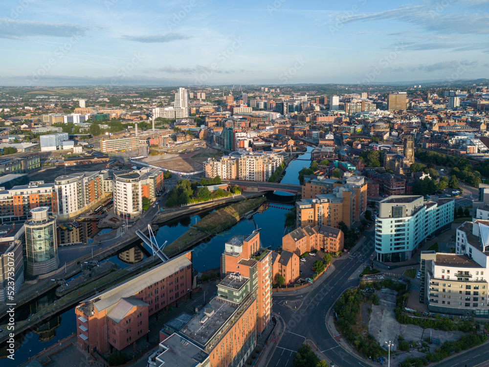 Drone shot showing Leeds dock and the city in the background