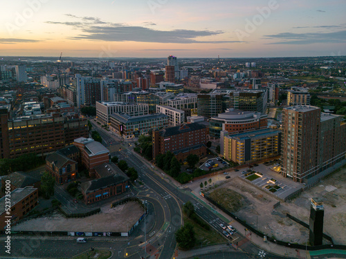 drone shot of Leeds city centre with the A58 Leeds inner ring road in the foreground