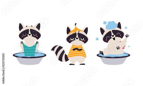 Funny raccoon in different activities set. Cute wild animal character washing clothes and taking bath cartoon vector illustration