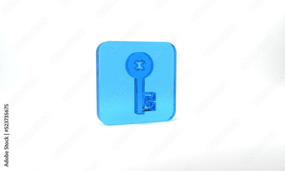 Blue Old key icon isolated on grey background. Glass square button. 3d illustration 3D render Blue Old key icon isolated on grey background. Glass square button. 3d illustration 3D render