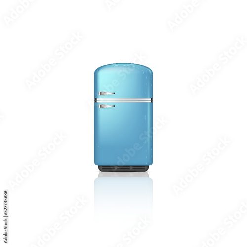 Realistic detailed 3d vintage blue fridge freezer on white background. Retro refrigerator appliance