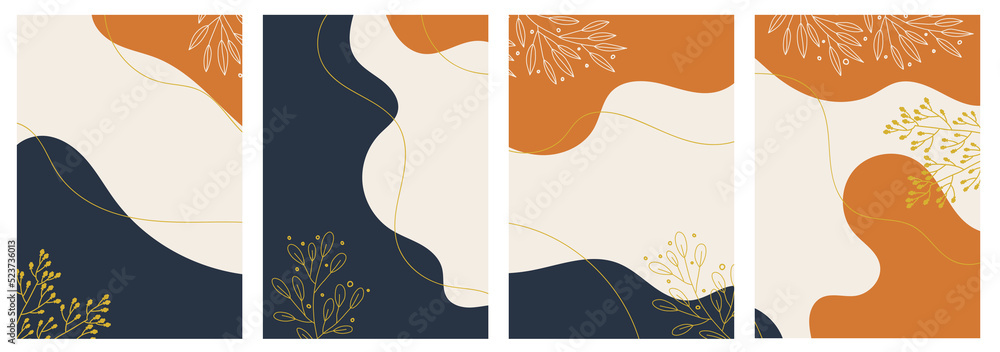 Set of minimalist handdrawn abstract fluid shape with floral elements.