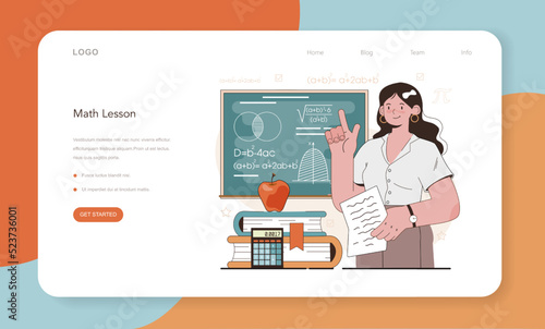 Math school subject web banner or landing page. Students studying