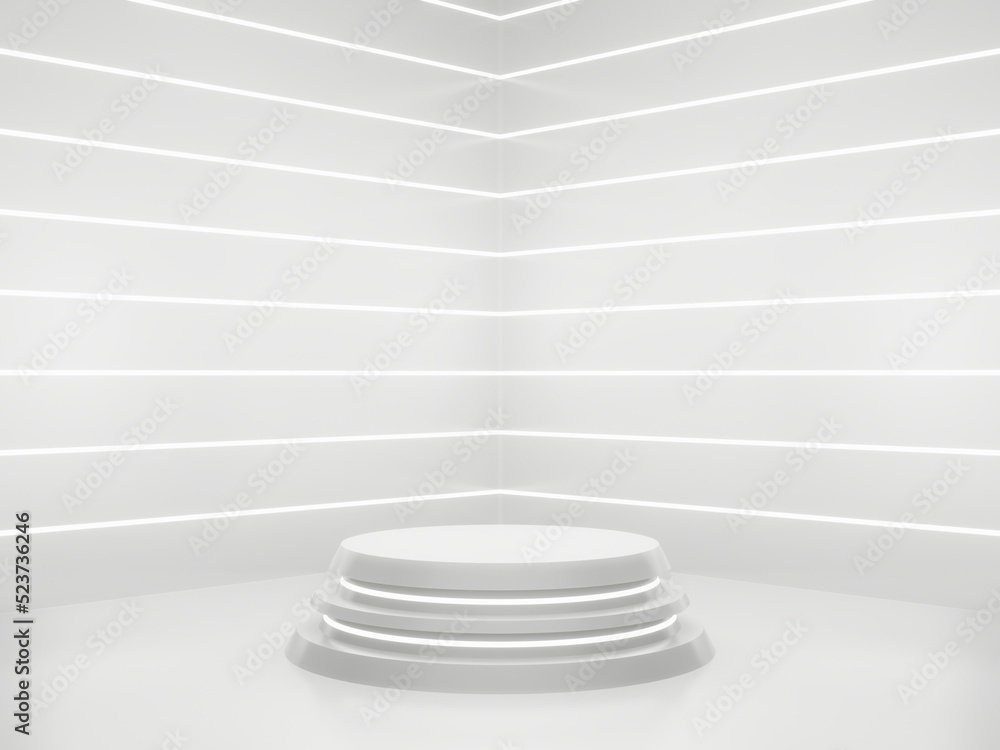 Obraz premium 3D White Sci-Fi product display background. Scientific podium with white neon lights.