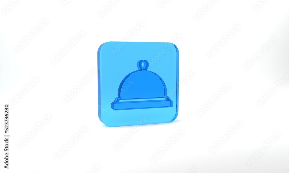 Blue Covered with a tray of food icon isolated on grey background. Tray and lid sign. Restaurant cloche with lid. Glass square button. 3d illustration 3D render Blue Covered with a tray of food icon isolated on grey background. Tray and lid sign. Restaurant cloche with lid. Glass square button. 3d illustration 3D render