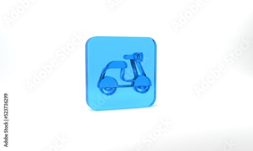Blue Scooter icon isolated on grey background. Glass square button. 3d illustration 3D render