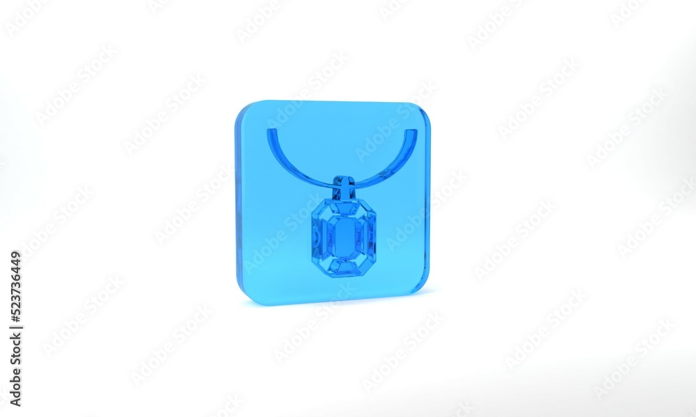 Blue Pendant on necklace icon isolated on grey background. Glass square button. 3d illustration 3D render Blue Pendant on necklace icon isolated on grey background. Glass square button. 3d illustration 3D render