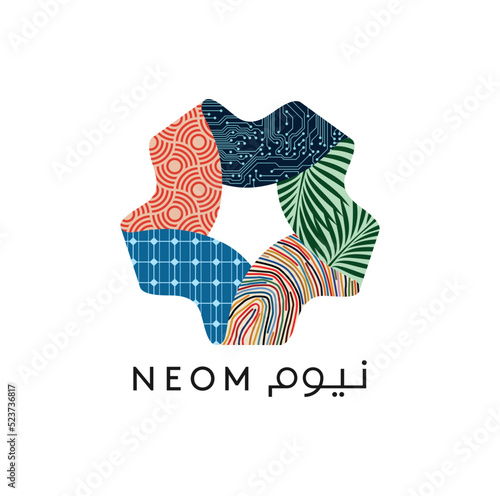 Tabouk, KSA - September 22, 2022: Tabuk Saudi Arabia. NEOM with arabic text logo. Aqaba Gulf Logo. Vector Illustration.