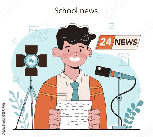 School news. Student presenting news at school. Drama class