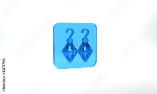 Blue Earrings icon isolated on grey background. Jewelry accessories. Glass square button. 3d illustration 3D render
