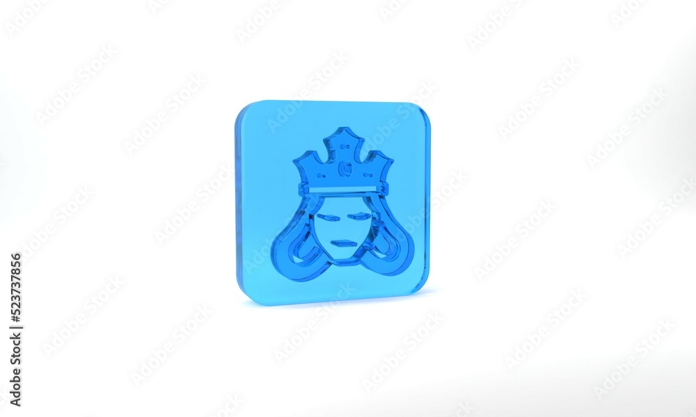 Blue Princess or queen wearing her crown icon isolated on grey background. Medieval lady. Glass square button. 3d illustration 3D render Blue Princess or queen wearing her crown icon isolated on grey background. Medieval lady. Glass square button. 3d illustration 3D render