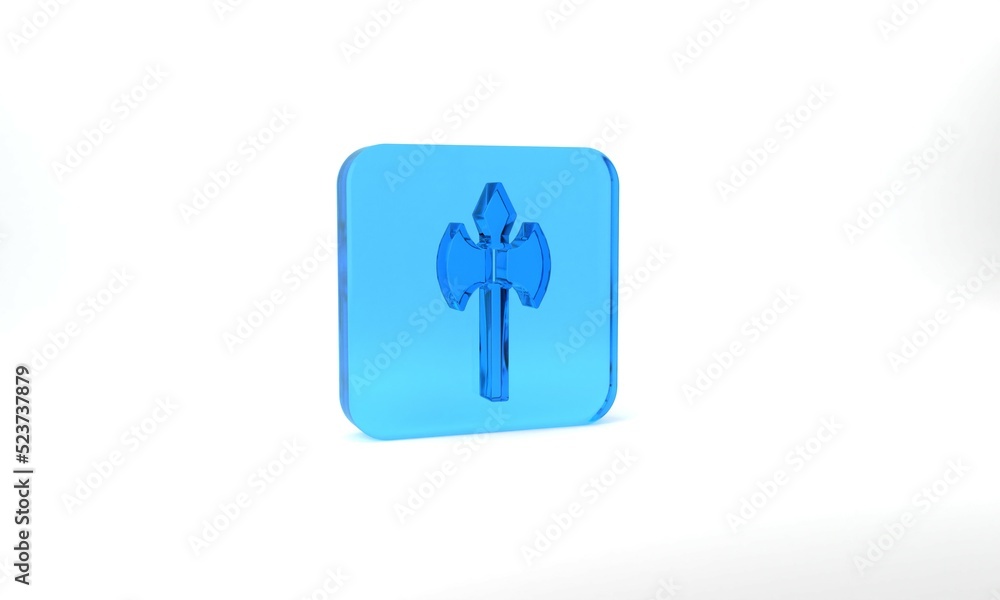 Blue Medieval axe icon isolated on grey background. Battle axe, executioner axe. Medieval weapon. Glass square button. 3d illustration 3D render Blue Medieval axe icon isolated on grey background. Battle axe, executioner axe. Medieval weapon. Glass square button. 3d illustration 3D render