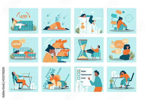Procrastination concept set. Lazy character laying or sleeping