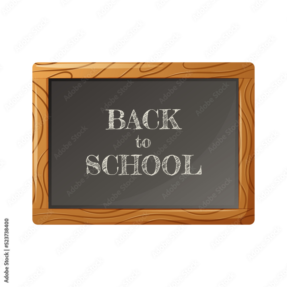 Black chalkboard in a wooden frame with text back to school. Vector illustration, cartoon style. For use by students, schoolchildren. Black chalkboard in a wooden frame with text back to school. Vector illustration, cartoon style. For use by students, schoolchildren.